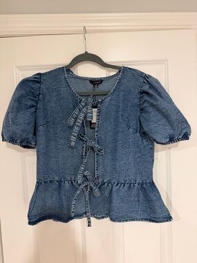 Blue Faux Denim Tie-Front Peplum Blouse